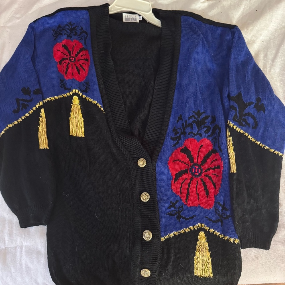 Leslie Fay Black and Blue Cardigan Sweater